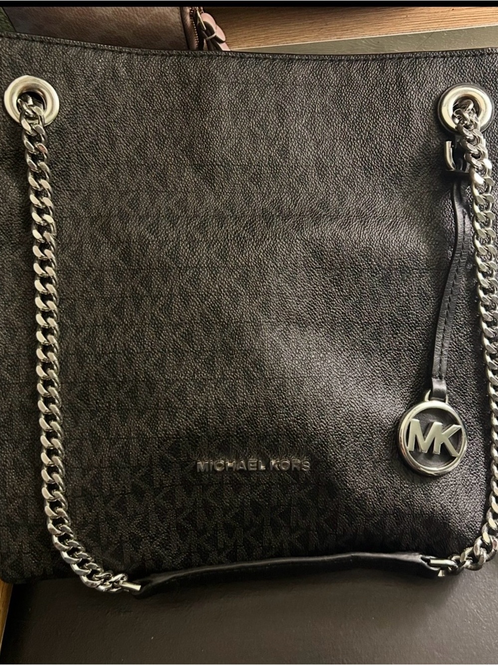 Michael Kors Black MK Monogram Chain-Handle Tote